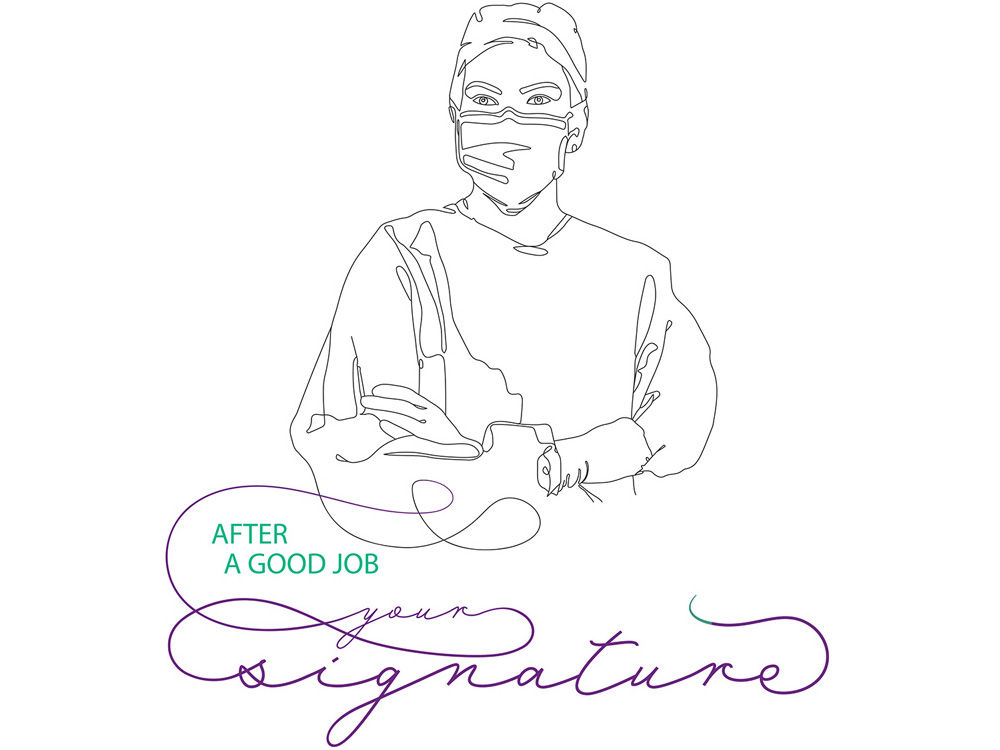 Illustrazione di una chirurgo con lo slogan "Dopo un buon lavoro, la sua firma."