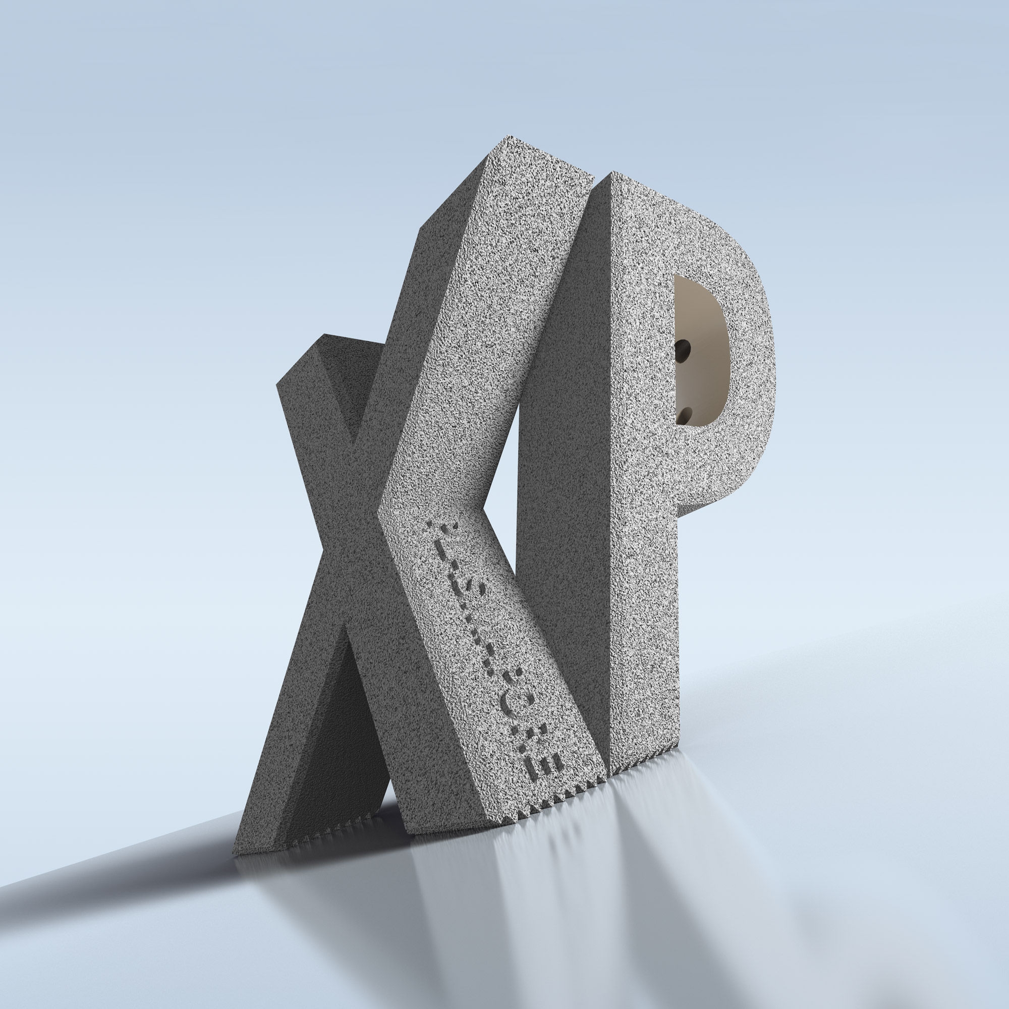 3D model of the letters x and p with plasmapore xp coating, standing upright on a steep surface without slipping, symbolizing the implant’s high initial stability.