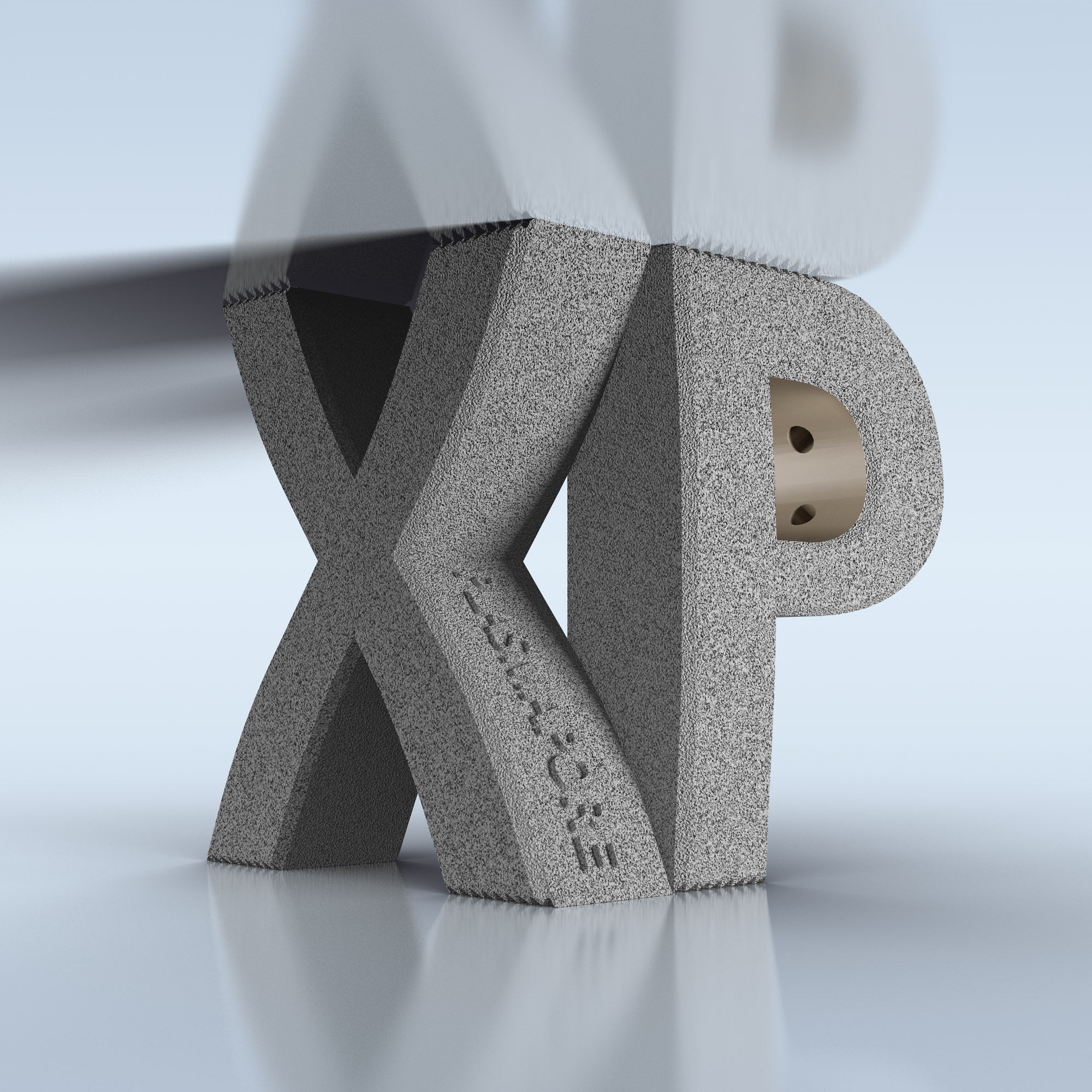 3D model of the letters x and p with plasmapore xp coating, slightly compressed from above and below, demonstrating elastic deformation that reflects the implant’s bone-like flexibility and resistance.