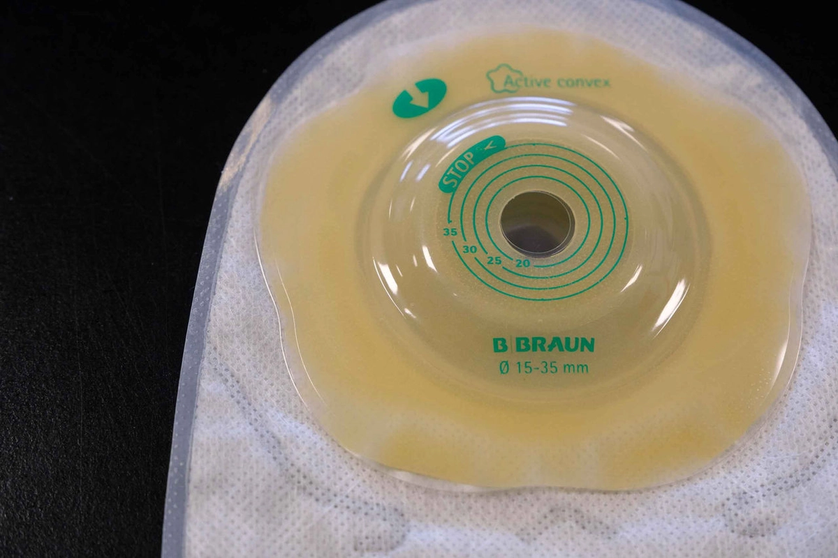 Ostomy bags labeled "B. BRAUN" with measurement markings