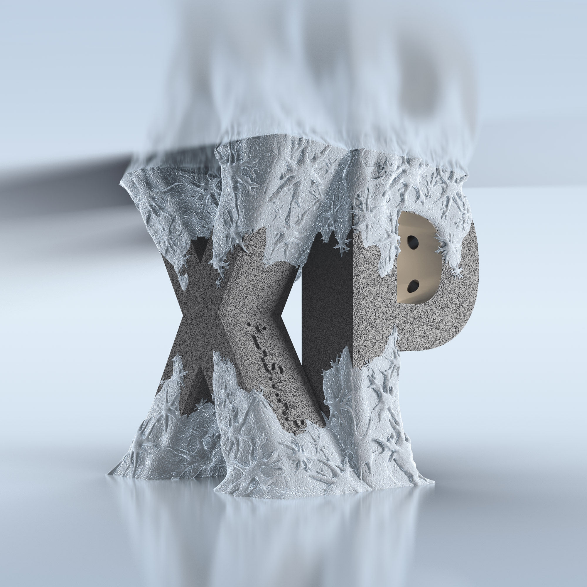 3D model of the letters x and p with plasmapore xp coating, are shown fused to bone tissue, symbolizing an implant designed for enhanced osseointegration for secondary stability.