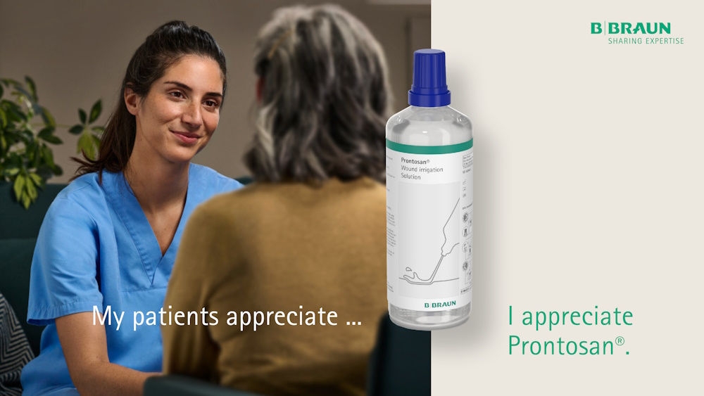 A female nurse is sitting in front of a female patient, smiling._A Prontosan Wound Irrigation bottle is visible in the foreground, accompanied by the text: My patients appreciate it – and so do I. Prontosan.