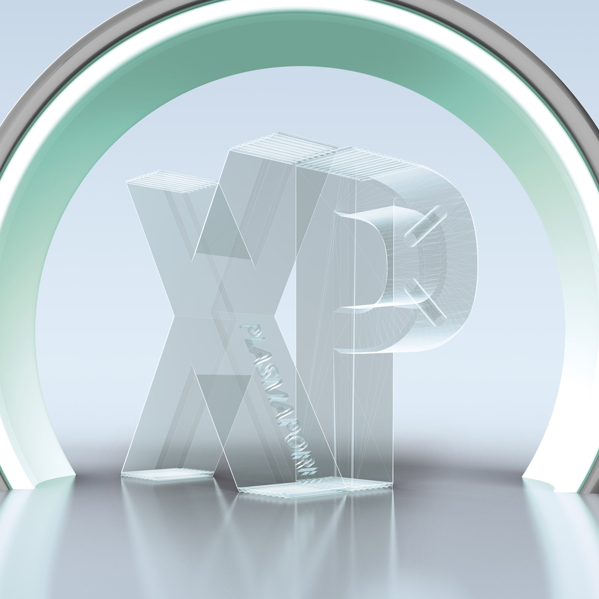 3D model of the letters x and p with plasmapore xp coating, shown as transparent with only the edges visible, illustrating a radiolucent core that enhances imaging clarity and implant contour visibility in CT and MRI scans