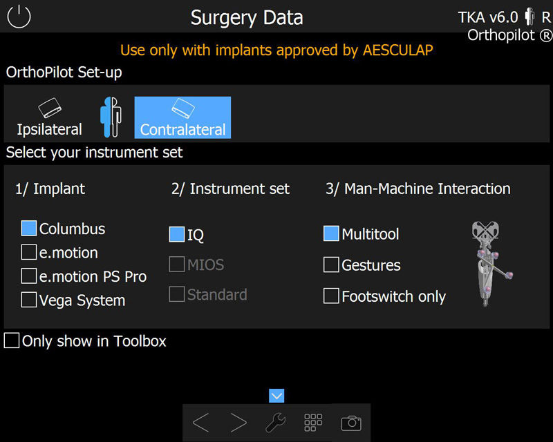 Screenshot del software OrthoPilot® TKA - Dati chirurgici
