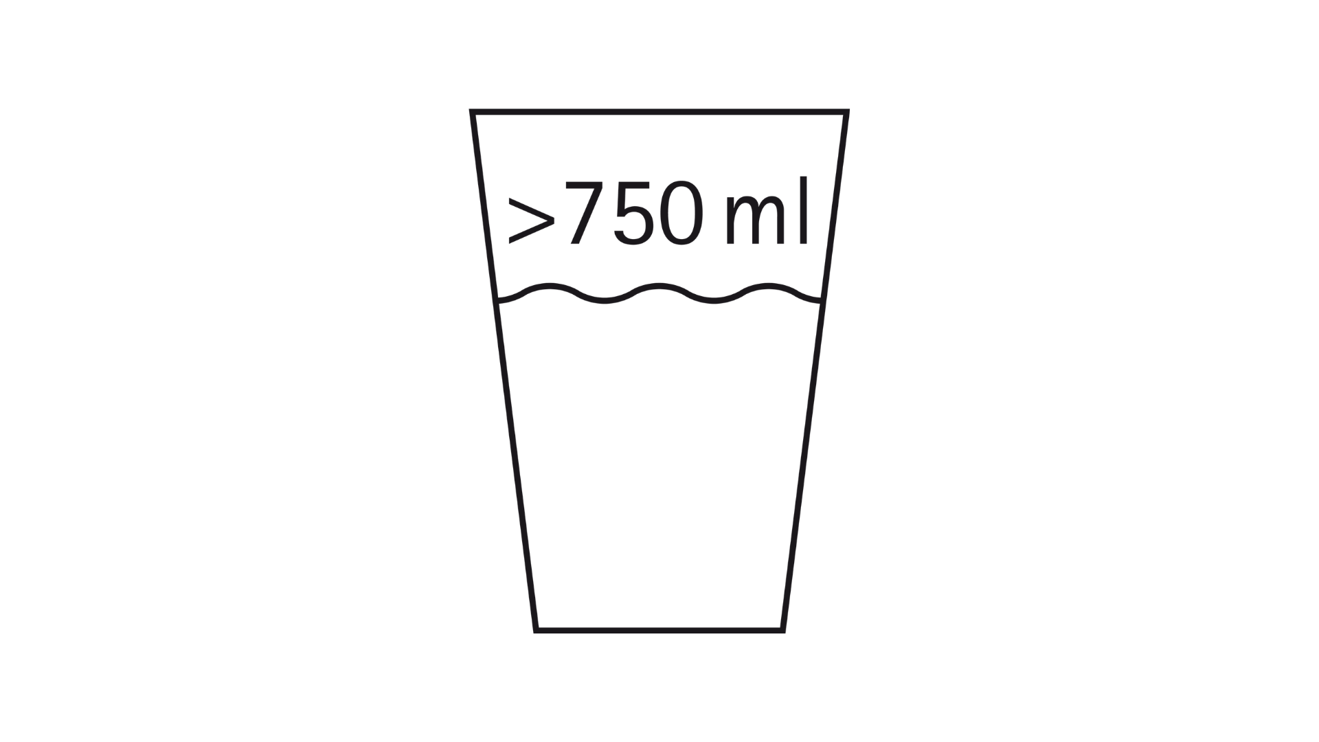 Semplice illustrazione di un bicchiere trasparente riempito di liquido quasi fino all’orlo. Una linea orizzontale ondulata indica il livello del liquido e vicino al bordo è riportata la dicitura “>750 ml”.